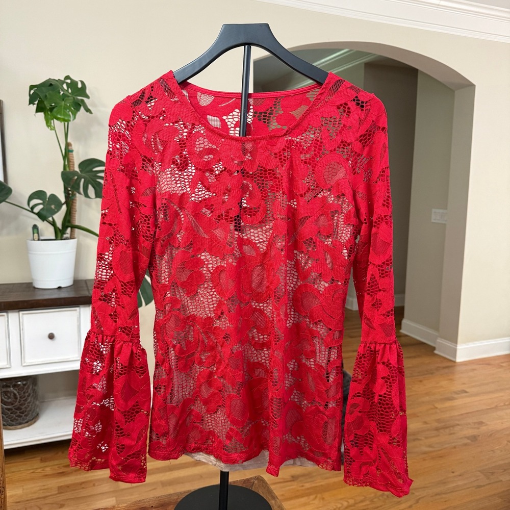INC International Concepts Red Floral Lace Bell Sleeve USA Made Small Romantic